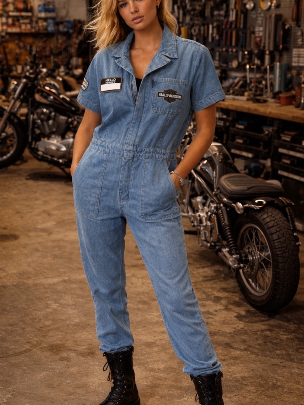 Harley-Davidson Industrial Blue Denim Short-Sleeve Coveralls Jumpsuit Bikercore